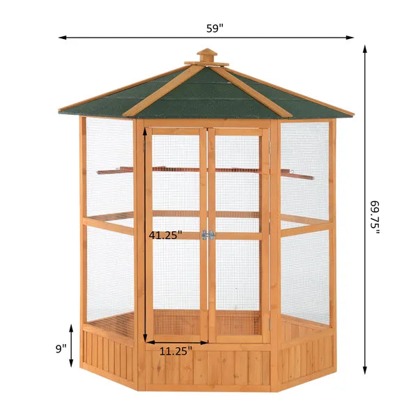 69" Large Wooden Bird Aviary Hexagonal Outdoor Aviary Flight Bird Cage With Covered Roof, Brown - product image 3