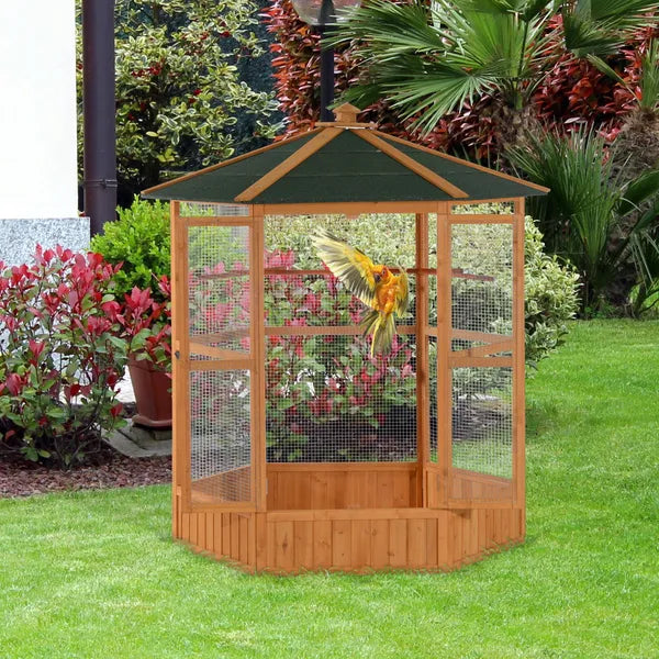 69" Large Wooden Bird Aviary Hexagonal Outdoor Aviary Flight Bird Cage With Covered Roof, Brown - product image 10