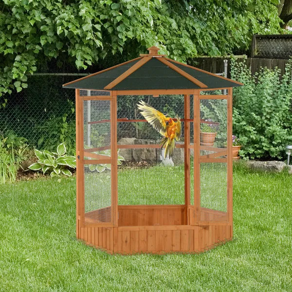 69" Large Wooden Bird Aviary Hexagonal Outdoor Aviary Flight Bird Cage With Covered Roof, Brown - product image 2