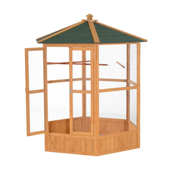 69" Large Wooden Bird Aviary Hexagonal Outdoor Aviary Flight Bird Cage With Covered Roof, Brown - product image 4