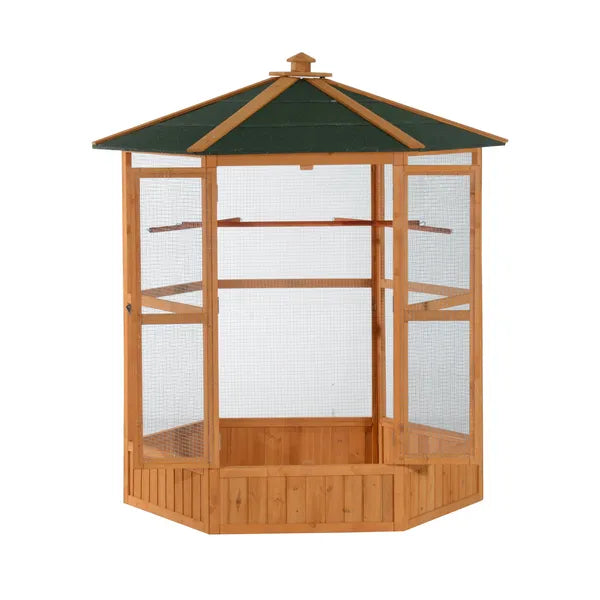 69" Large Wooden Bird Aviary Hexagonal Outdoor Aviary Flight Bird Cage With Covered Roof, Brown - product image 1