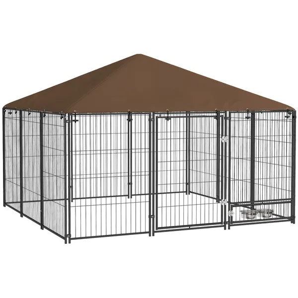 6.9'x6.9'x5' Outdoor Dog Kennel with Canopy, Coffee Garden Playpen Fence Crate Enclosure Cage, Rotating Bowl Secure Pet Play - product image 12