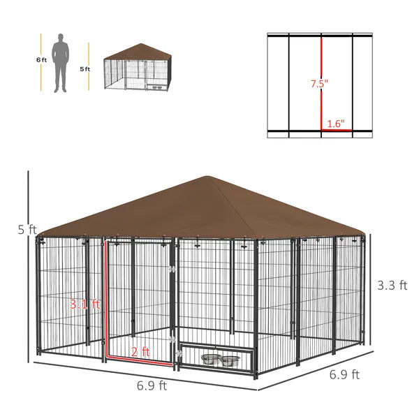 6.9'x6.9'x5' Outdoor Dog Kennel with Canopy, Coffee Garden Playpen Fence Crate Enclosure Cage, Rotating Bowl Secure Pet Play - product image 3