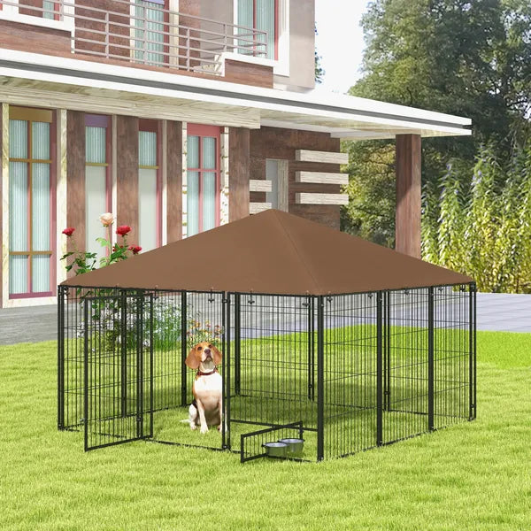6.9'x6.9'x5' Outdoor Dog Kennel with Canopy, Coffee Garden Playpen Fence Crate Enclosure Cage, Rotating Bowl Secure Pet Play - product image 2