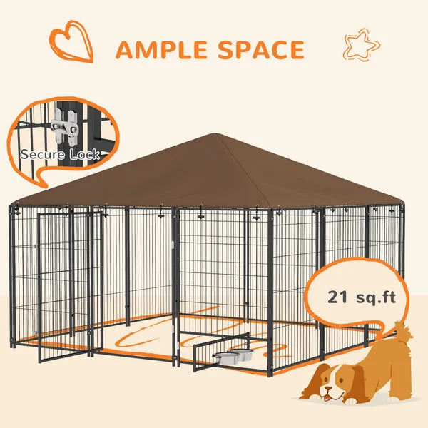6.9'x6.9'x5' Outdoor Dog Kennel with Canopy, Coffee Garden Playpen Fence Crate Enclosure Cage, Rotating Bowl Secure Pet Play - product image 8
