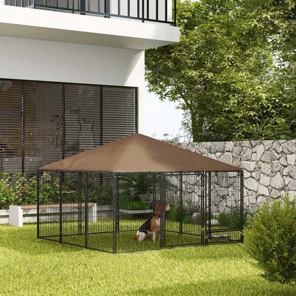 6.9'x6.9'x5' Outdoor Dog Kennel with Canopy, Coffee Garden Playpen Fence Crate Enclosure Cage, Rotating Bowl Secure Pet Play - product image 10
