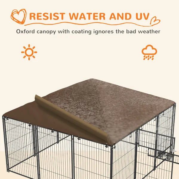 6.9'x6.9'x5' Outdoor Dog Kennel with Canopy, Coffee Garden Playpen Fence Crate Enclosure Cage, Rotating Bowl Secure Pet Play - product image 5