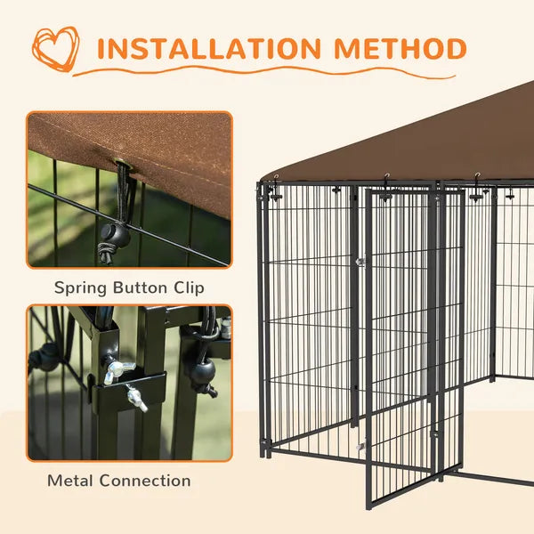 6.9'x6.9'x5' Outdoor Dog Kennel with Canopy, Coffee Garden Playpen Fence Crate Enclosure Cage, Rotating Bowl Secure Pet Play - product image 7