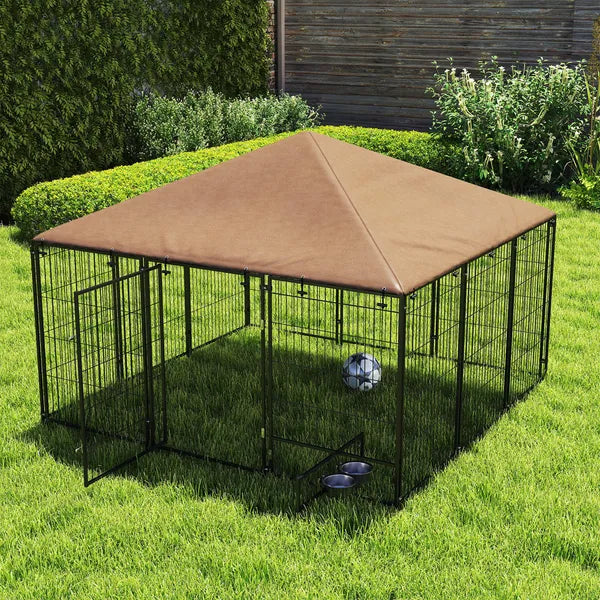 6.9'x6.9'x5' Outdoor Dog Kennel with Canopy, Coffee Garden Playpen Fence Crate Enclosure Cage, Rotating Bowl Secure Pet Play - product image 11