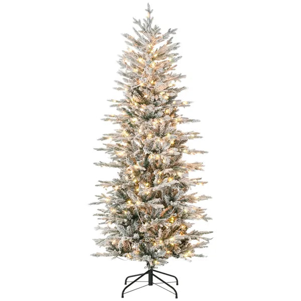 HOMCOM 6ft Pre-Lit Flocked Christmas Tree with Snow Branches Warm Yellow Lights Auto Open for Festive Atmosphere - product image 1