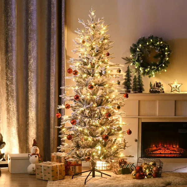 HOMCOM 6ft Pre-Lit Flocked Christmas Tree with Snow Branches Warm Yellow Lights Auto Open for Festive Atmosphere - product image 2