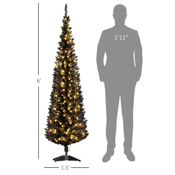 6ft Pre Lit Pencil Christmas Tree, Slim Artificial Xmas Tree with Realistic Branches and Warm White LED Lights for Holiday, Black - product image 3