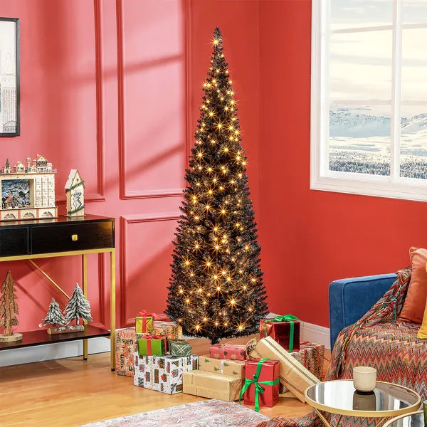6ft Pre Lit Pencil Christmas Tree, Slim Artificial Xmas Tree with Realistic Branches and Warm White LED Lights for Holiday, Black - product image 10