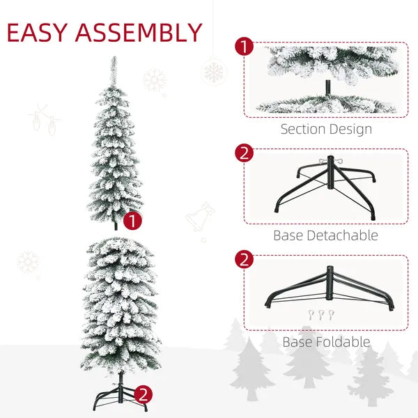 HOMCOM 6ft Snow-Flocked Christmas Tree, Slim Pencil Xmas Tree with 395 Realistic Branches and Metal Base, Green - product image 6