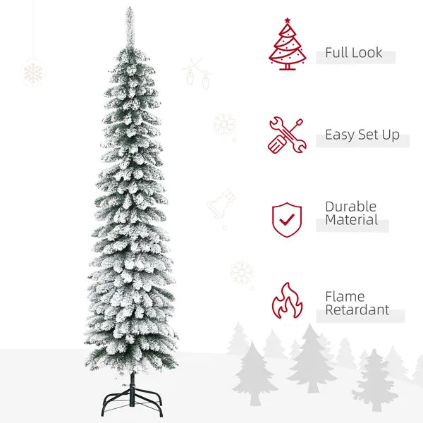 HOMCOM 6ft Snow-Flocked Christmas Tree, Slim Pencil Xmas Tree with 395 Realistic Branches and Metal Base, Green - product image 4