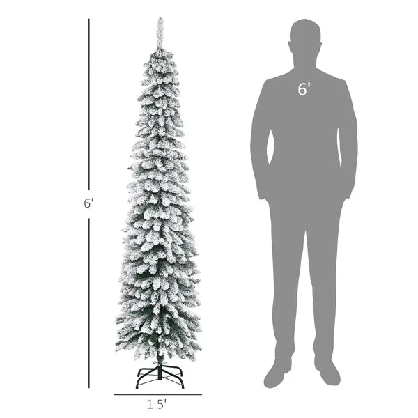 HOMCOM 6ft Snow-Flocked Christmas Tree, Slim Pencil Xmas Tree with 395 Realistic Branches and Metal Base, Green - product image 3