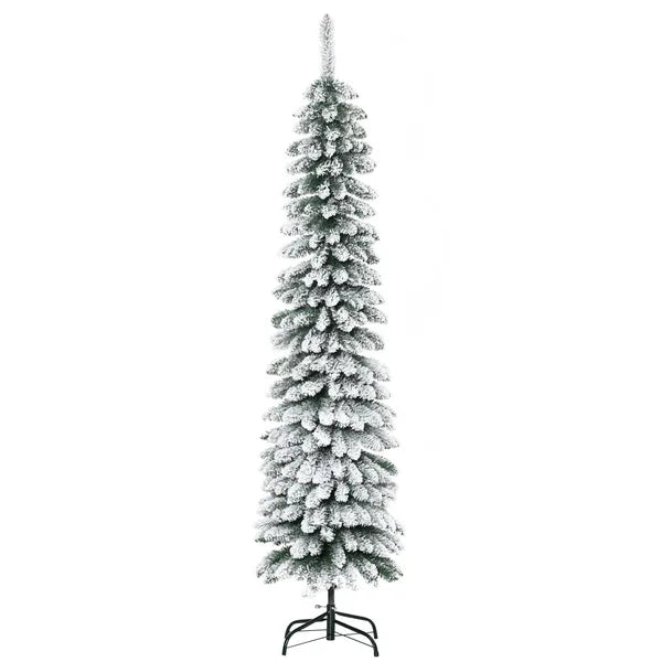 HOMCOM 6ft Snow-Flocked Christmas Tree, Slim Pencil Xmas Tree with 395 Realistic Branches and Metal Base, Green - product image 1