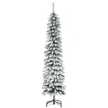 HOMCOM 6ft Snow-Flocked Christmas Tree, Slim Pencil Xmas Tree with 395 Realistic Branches and Metal Base, Green - product image 1
