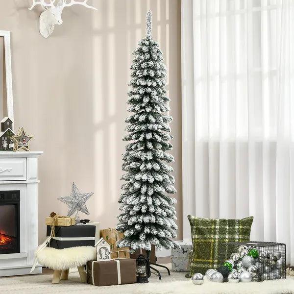 HOMCOM 6ft Snow-Flocked Christmas Tree, Slim Pencil Xmas Tree with 395 Realistic Branches and Metal Base, Green - product image 10