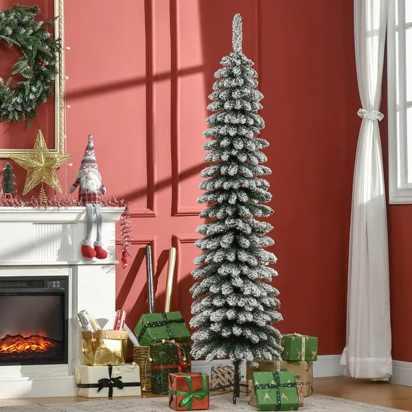 HOMCOM 6ft Snow-Flocked Christmas Tree, Slim Pencil Xmas Tree with 395 Realistic Branches and Metal Base, Green - product image 2