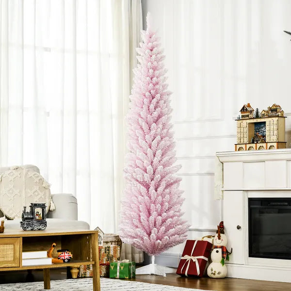 HOMCOM 7' Decorated Christmas Tree Snow Flocked Artificial Christmas Tree with Pencil Shape, Realistic Branches, Pink - product image 2