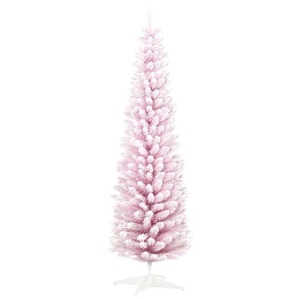 HOMCOM 7' Decorated Christmas Tree Snow Flocked Artificial Christmas Tree with Pencil Shape, Realistic Branches, Pink - product image 1