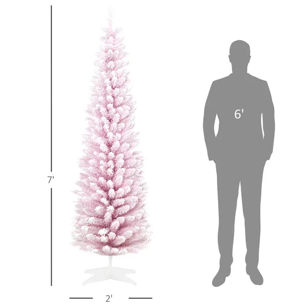 HOMCOM 7' Decorated Christmas Tree Snow Flocked Artificial Christmas Tree with Pencil Shape, Realistic Branches, Pink - product image 3