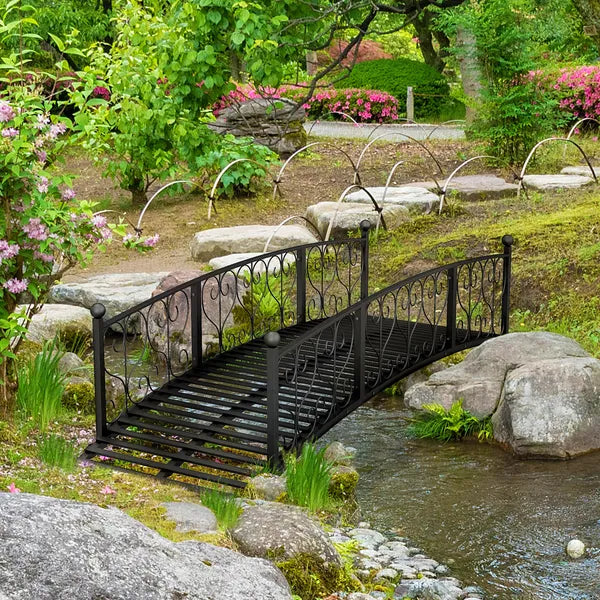 7' Metal Arch Garden Bridge Arc Footbridge with Side Railings Decorative Scrollwork, Black - product image 2