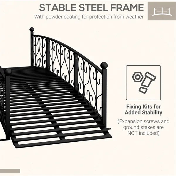 7' Metal Arch Garden Bridge Arc Footbridge with Side Railings Decorative Scrollwork, Black - product image 6