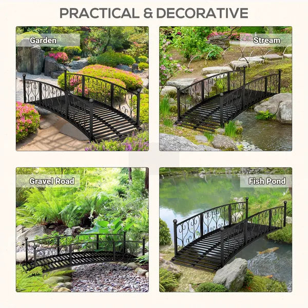 7' Metal Arch Garden Bridge Arc Footbridge with Side Railings Decorative Scrollwork, Black - product image 5
