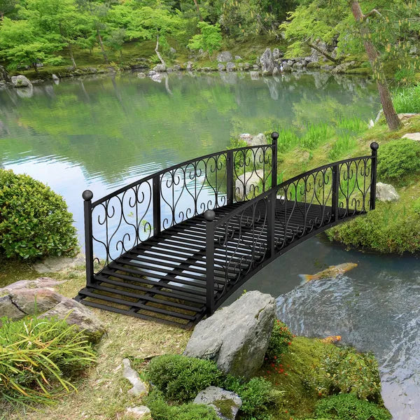 7' Metal Arch Garden Bridge Arc Footbridge with Side Railings Decorative Scrollwork, Black - product image 11