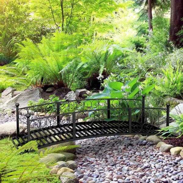 7' Metal Arch Garden Bridge Arc Footbridge with Side Railings Decorative Scrollwork, Black - product image 10
