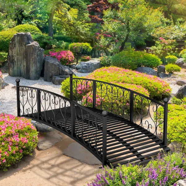 7' Metal Arch Garden Bridge Arc Footbridge with Side Railings Decorative Scrollwork, Black - product image 9