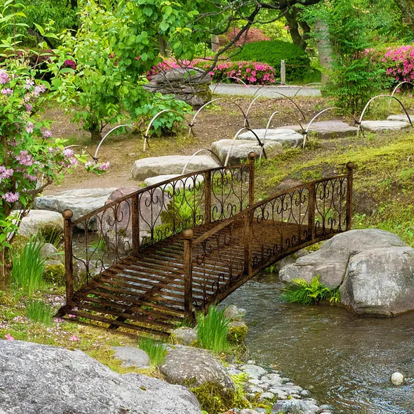 7' Metal Arch Garden Bridge Arc Footbridge with Side Railings Decorative Scrollwork, Bronze - product image 2