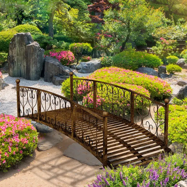 7' Metal Arch Garden Bridge Arc Footbridge with Side Railings Decorative Scrollwork, Bronze - product image 10
