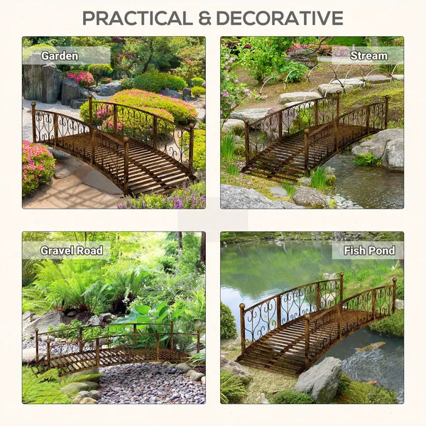7' Metal Arch Garden Bridge Arc Footbridge with Side Railings Decorative Scrollwork, Bronze - product image 5