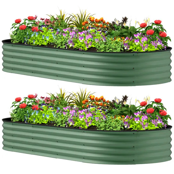Outsunny 7' x 3' x 1' Raised Garden Bed Set, 2PCS Raised Beds for Gardening with Metal Plant Stakes, Green - product image 1