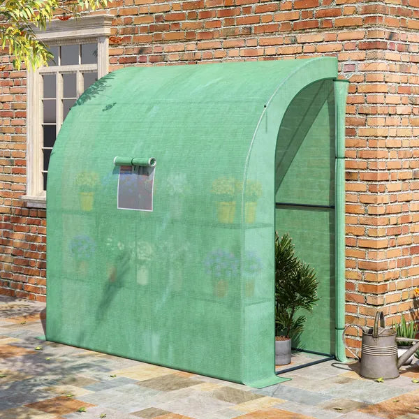 Outsunny 7' x 3' x 7' Lean to Greenhouse, Walk-In Green House, Plant Nursery with 2 Roll-up Doors and Windows, PE Cover and 3 Wire Shelves, Green - product image 2