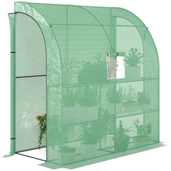 Outsunny 7' x 3' x 7' Lean to Greenhouse, Walk-In Green House, Plant Nursery with 2 Roll-up Doors and Windows, PE Cover and 3 Wire Shelves, Green - product image 1