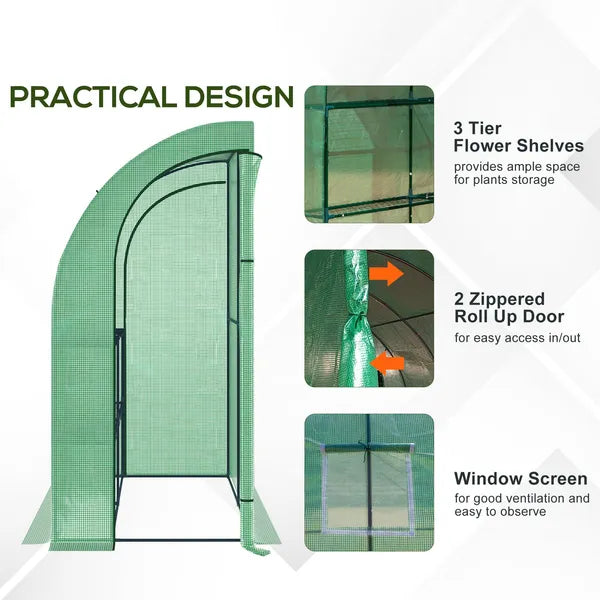 Outsunny 7' x 3' x 7' Lean to Greenhouse, Walk-In Green House, Plant Nursery with 2 Roll-up Doors and Windows, PE Cover and 3 Wire Shelves, Green - product image 7