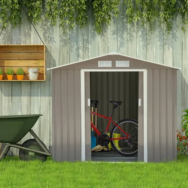 7 ft x 4 ft Garden Storage Shed Organizer, Outdoor Garden Utility Metal Storage Tool Shed for Patio Garden Yard, Gray/White - product image 9