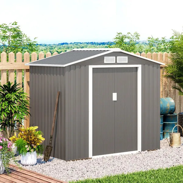 7 ft x 4 ft Garden Storage Shed Organizer, Outdoor Garden Utility Metal Storage Tool Shed for Patio Garden Yard, Gray/White - product image 2