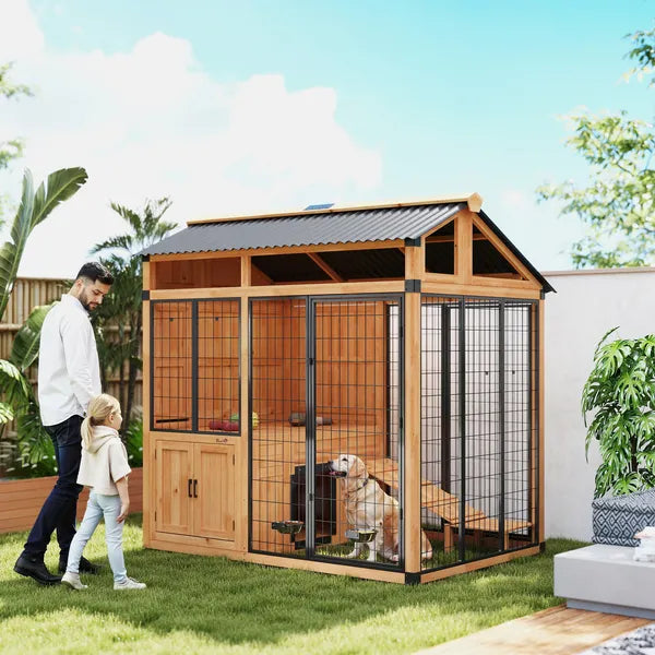 PawHut 7 ft x 5 ft Extra Large Dog House, Wood Outdoor Dog Kennel with Platform, Storage Cabinet for Large Breeds, Yellow - product image 2