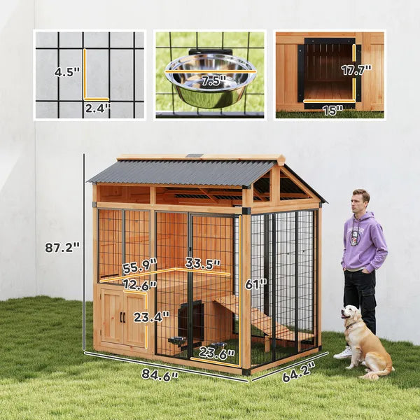 PawHut 7 ft x 5 ft Extra Large Dog House, Wood Outdoor Dog Kennel with Platform, Storage Cabinet for Large Breeds, Yellow - product image 3