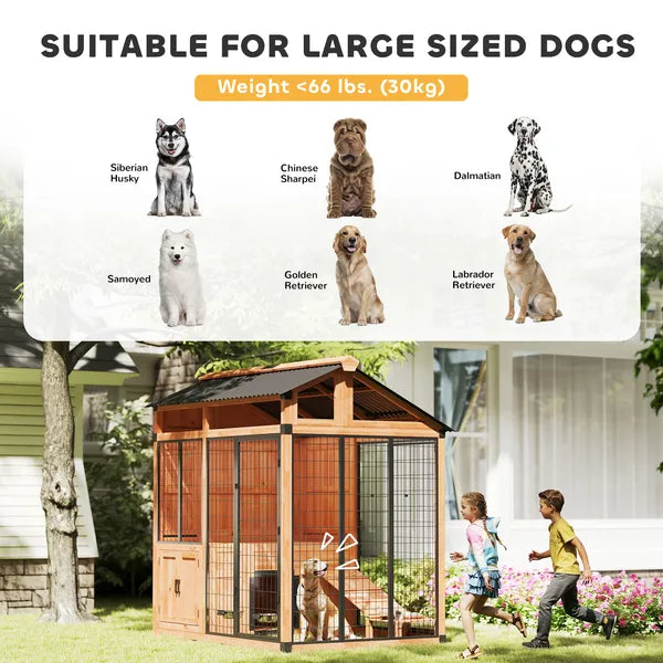PawHut 7 ft x 5 ft Extra Large Dog House, Wood Outdoor Dog Kennel with Platform, Storage Cabinet for Large Breeds, Yellow - product image 9