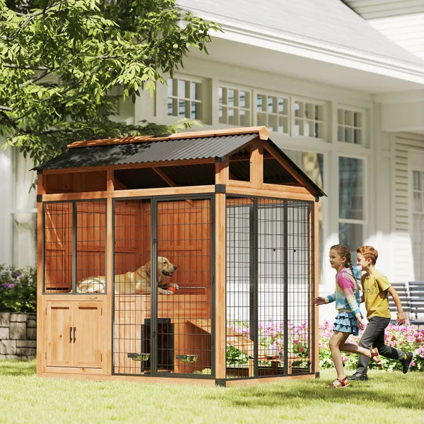 PawHut 7 ft x 5 ft Extra Large Dog House, Wood Outdoor Dog Kennel with Platform, Storage Cabinet for Large Breeds, Yellow - product image 10