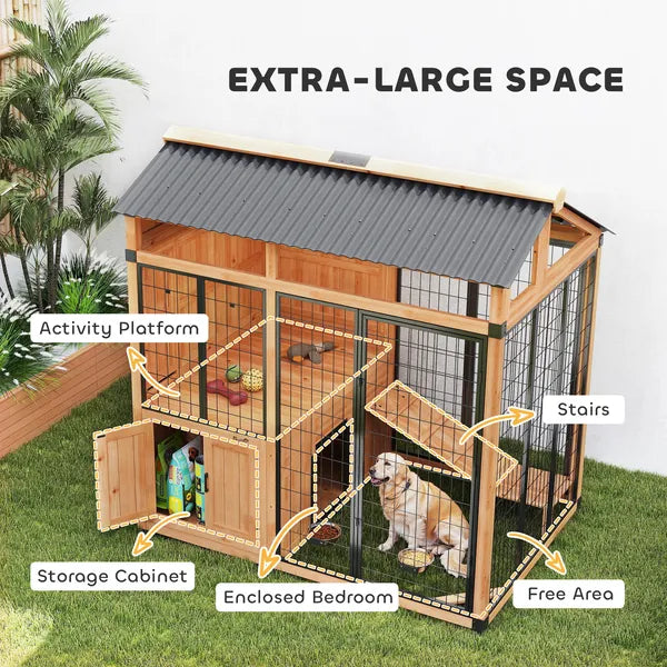 PawHut 7 ft x 5 ft Extra Large Dog House, Wood Outdoor Dog Kennel with Platform, Storage Cabinet for Large Breeds, Yellow - product image 6
