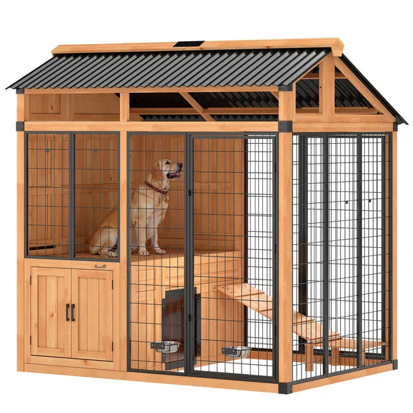 PawHut 7 ft x 5 ft Extra Large Dog House, Wood Outdoor Dog Kennel with Platform, Storage Cabinet for Large Breeds, Yellow - product image 11