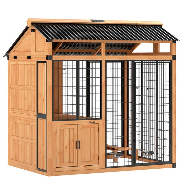 PawHut 7 ft x 5 ft Extra Large Dog House, Wood Outdoor Dog Kennel with Platform, Storage Cabinet for Large Breeds, Yellow - product image 1