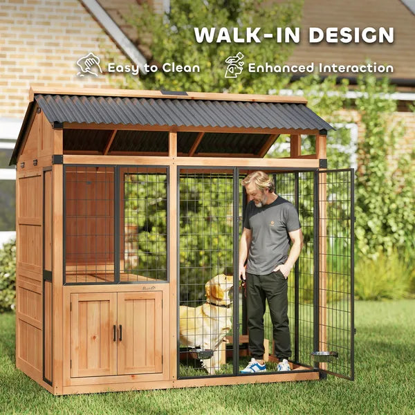 PawHut 7 ft x 5 ft Extra Large Dog House, Wood Outdoor Dog Kennel with Platform, Storage Cabinet for Large Breeds, Yellow - product image 5